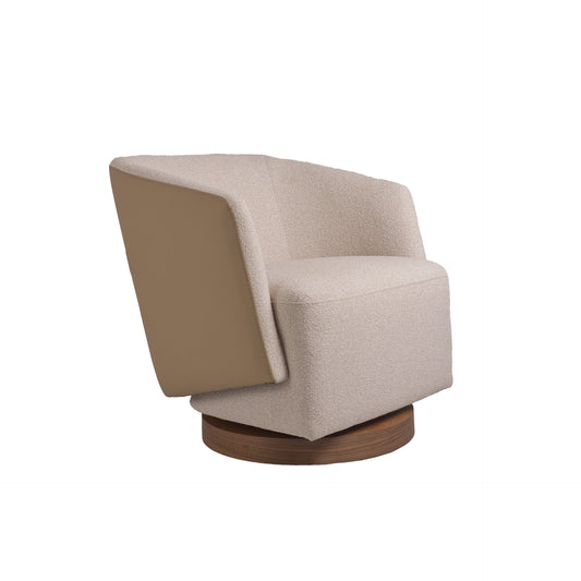 Sillón giratorio tapizado en tela beige y tipo piel