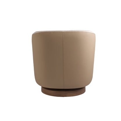 Sillón giratorio tapizado en tela beige y tipo piel