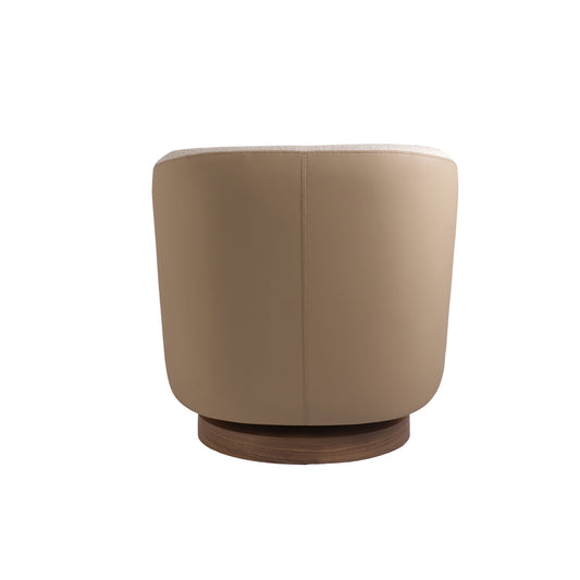 Sillón giratorio tapizado en tela beige y tipo piel