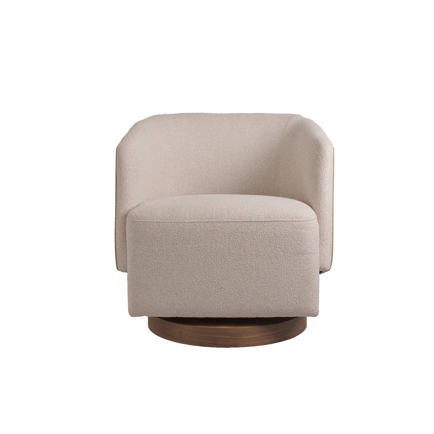 Sillón giratorio tapizado en tela beige y tipo piel