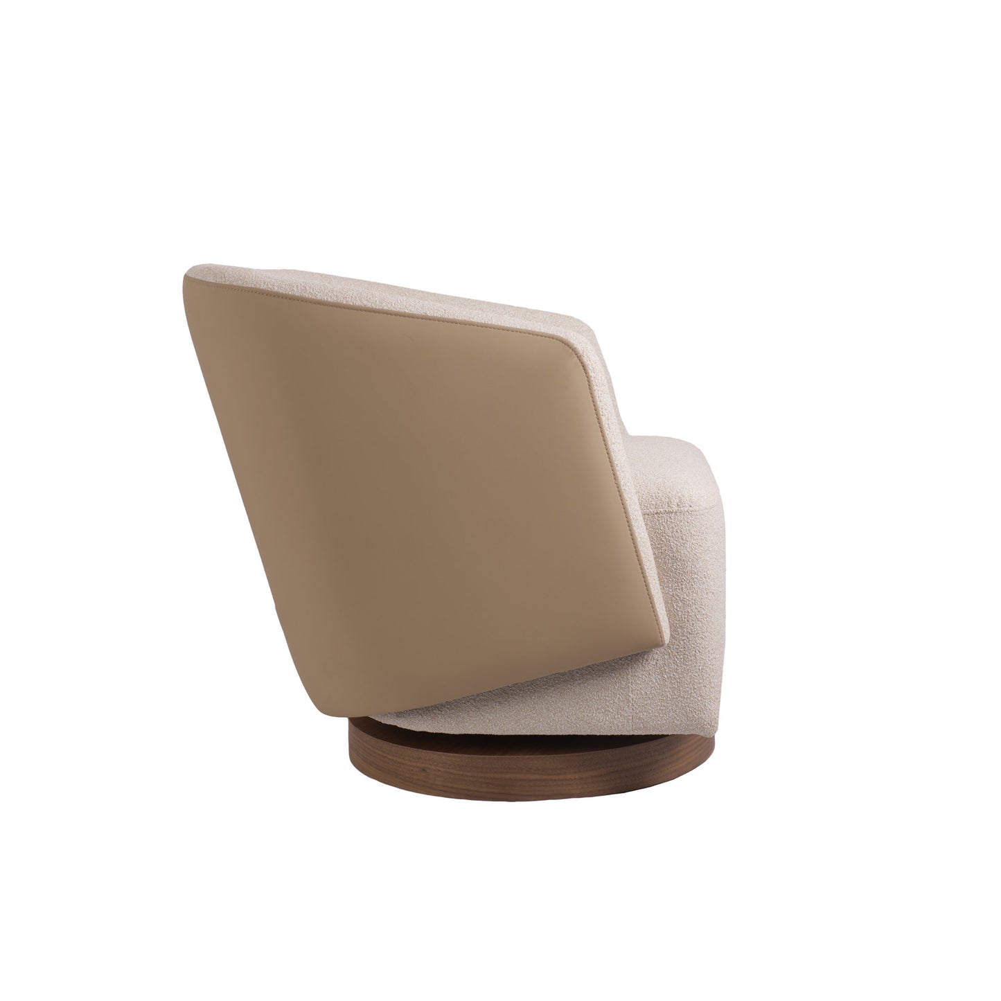 Sillón giratorio tapizado en tela beige y tipo piel